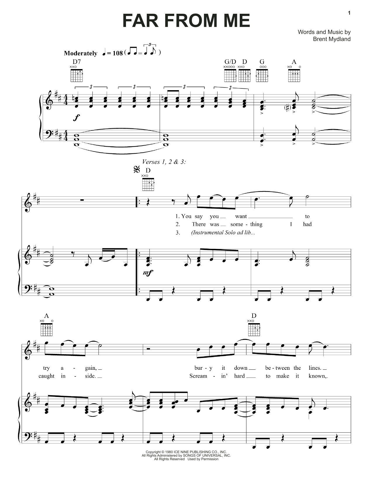 Grateful Dead Far From Me sheet music notes and chords arranged for Piano, Vocal & Guitar Chords (Right-Hand Melody)