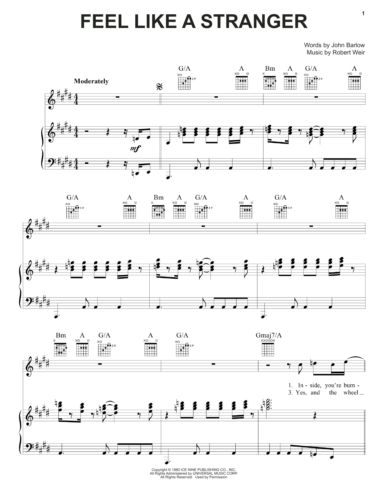 Grateful Dead Feel Like A Stranger sheet music notes and chords arranged for Piano, Vocal & Guitar Chords (Right-Hand Melody)