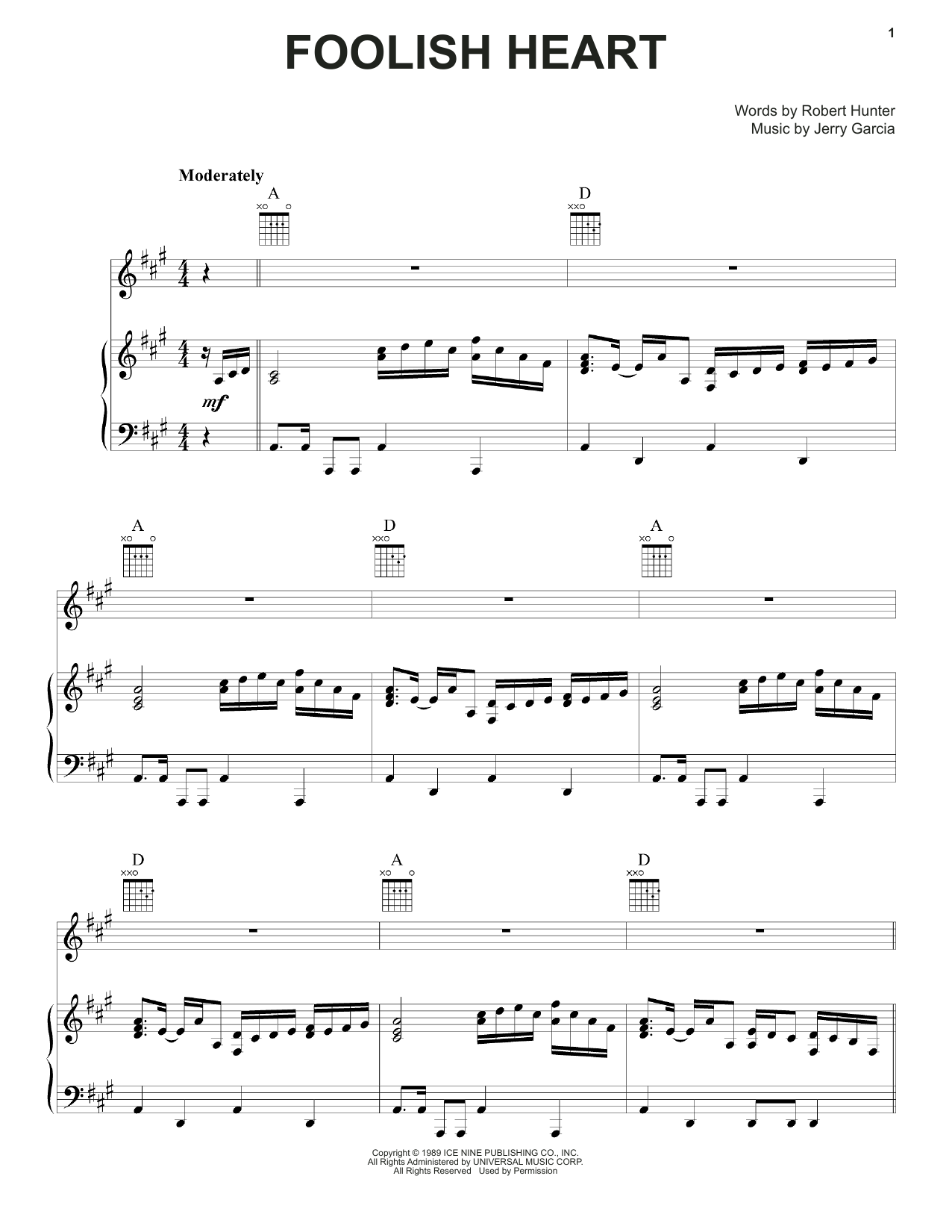 Grateful Dead Foolish Heart sheet music notes and chords arranged for Piano, Vocal & Guitar Chords (Right-Hand Melody)