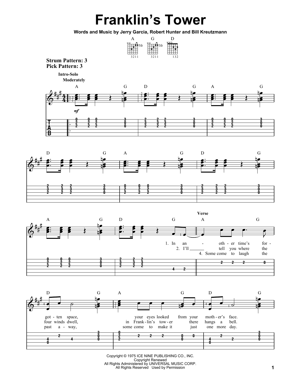 Grateful Dead Franklin's Tower sheet music notes and chords arranged for Easy Guitar Tab