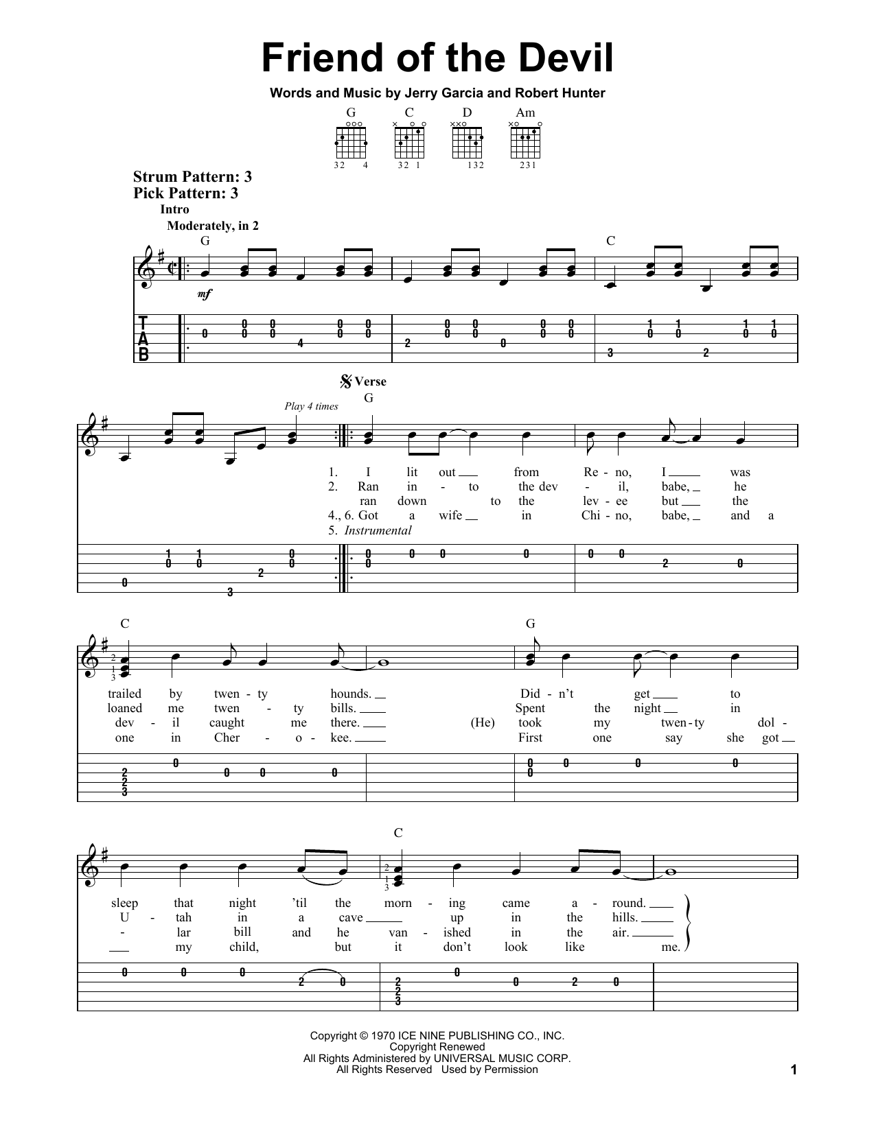 Grateful Dead Friend Of The Devil sheet music notes and chords arranged for Piano, Vocal & Guitar Chords (Right-Hand Melody)