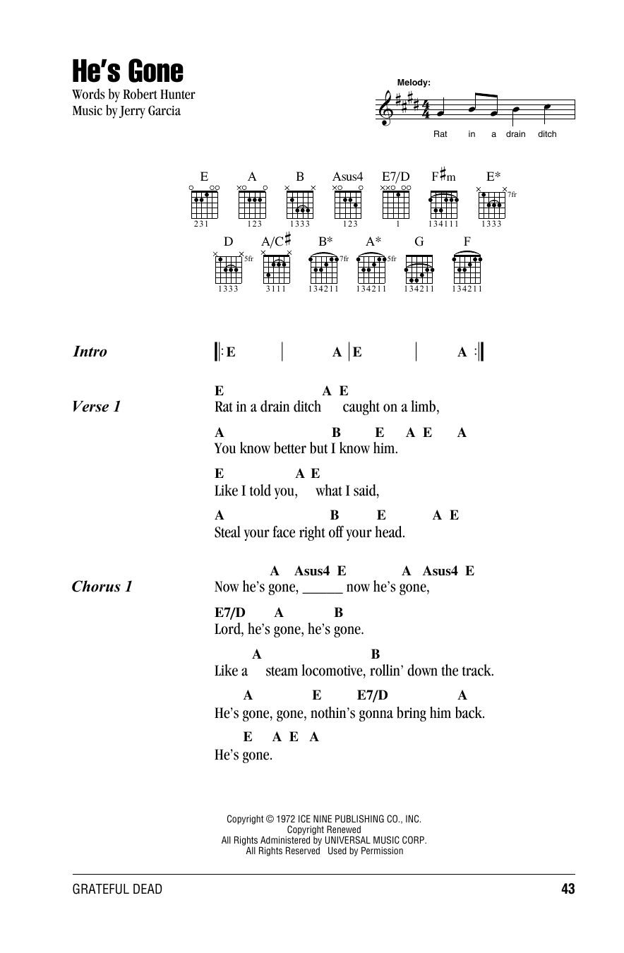 Grateful Dead He's Gone sheet music notes and chords arranged for Guitar Chords/Lyrics
