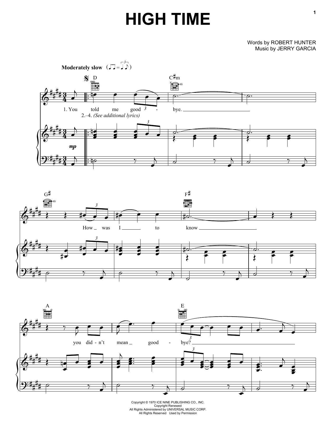 Grateful Dead High Time sheet music notes and chords arranged for Piano, Vocal & Guitar Chords (Right-Hand Melody)