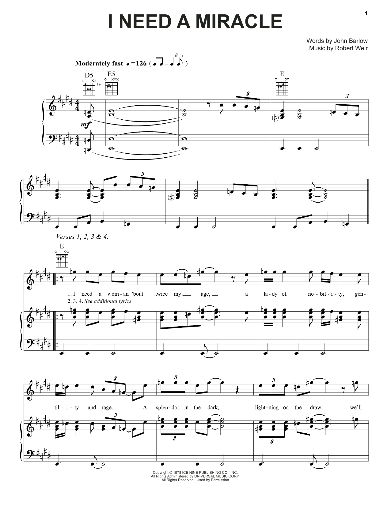 Grateful Dead I Need A Miracle sheet music notes and chords arranged for Piano, Vocal & Guitar Chords (Right-Hand Melody)