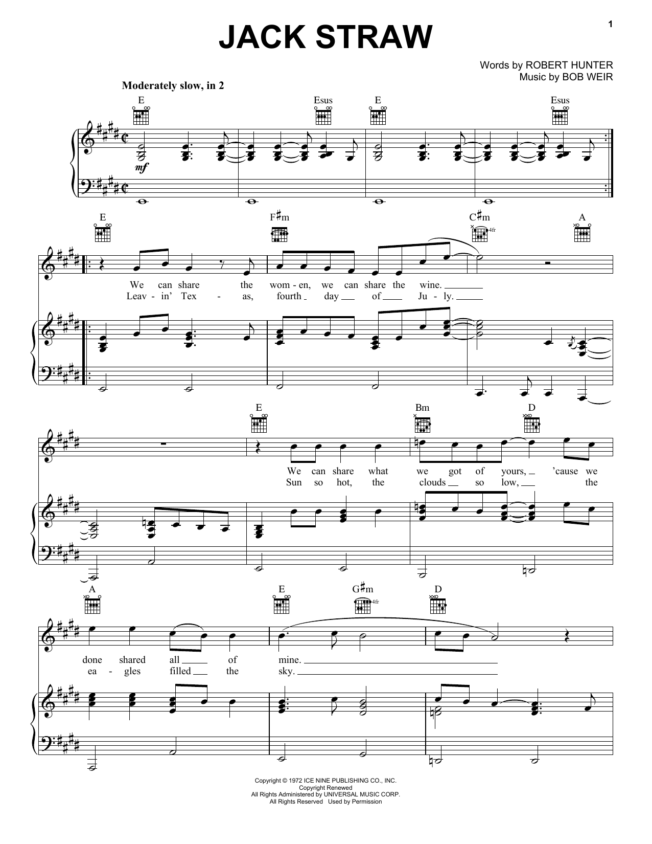 Grateful Dead Jack Straw sheet music notes and chords arranged for Piano, Vocal & Guitar Chords (Right-Hand Melody)