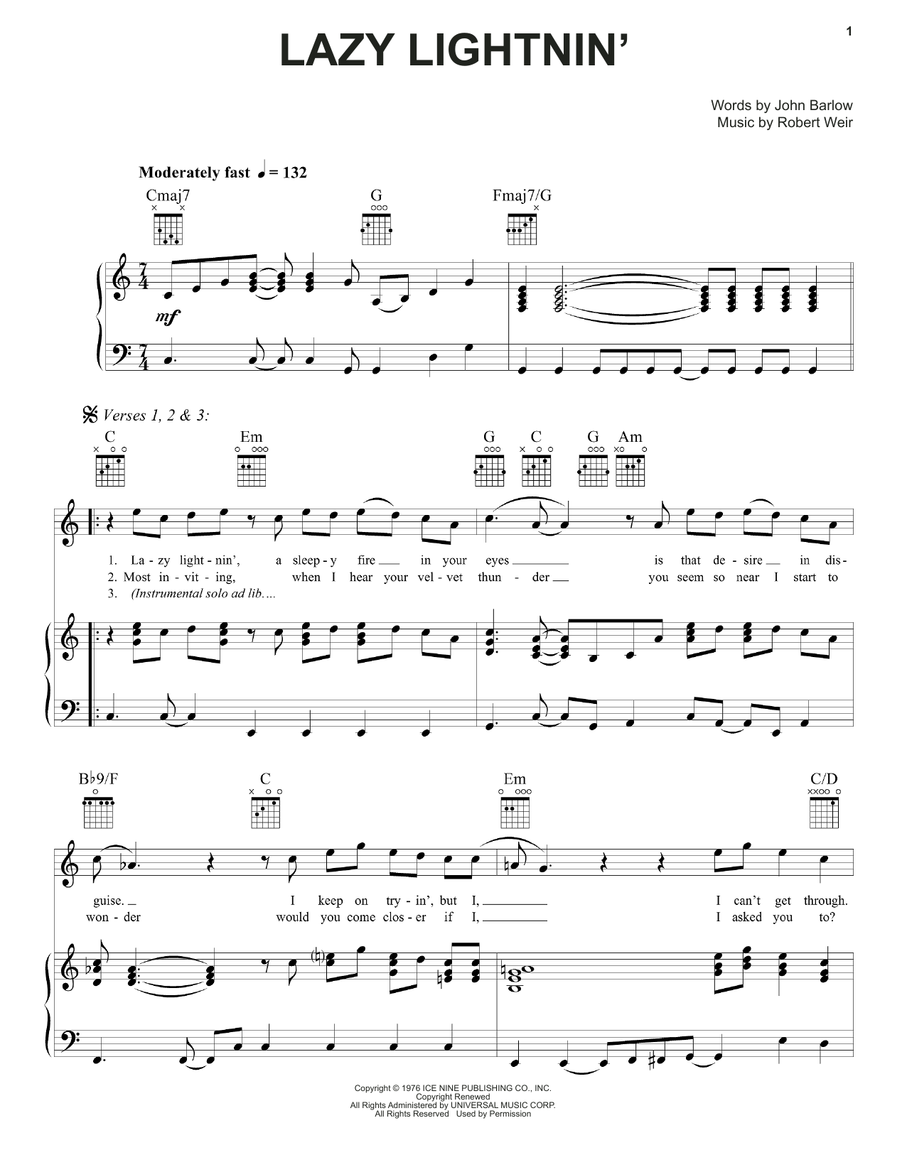 Grateful Dead Lazy Lightnin' sheet music notes and chords arranged for Piano, Vocal & Guitar Chords (Right-Hand Melody)