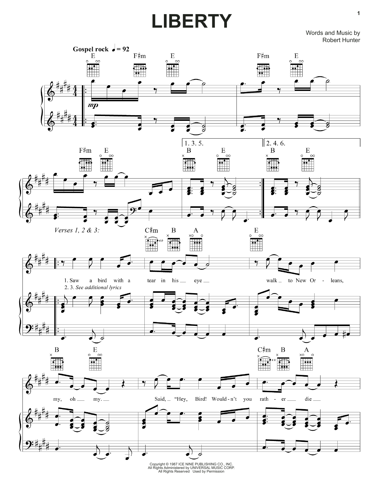 Grateful Dead Liberty sheet music notes and chords arranged for Piano, Vocal & Guitar Chords (Right-Hand Melody)