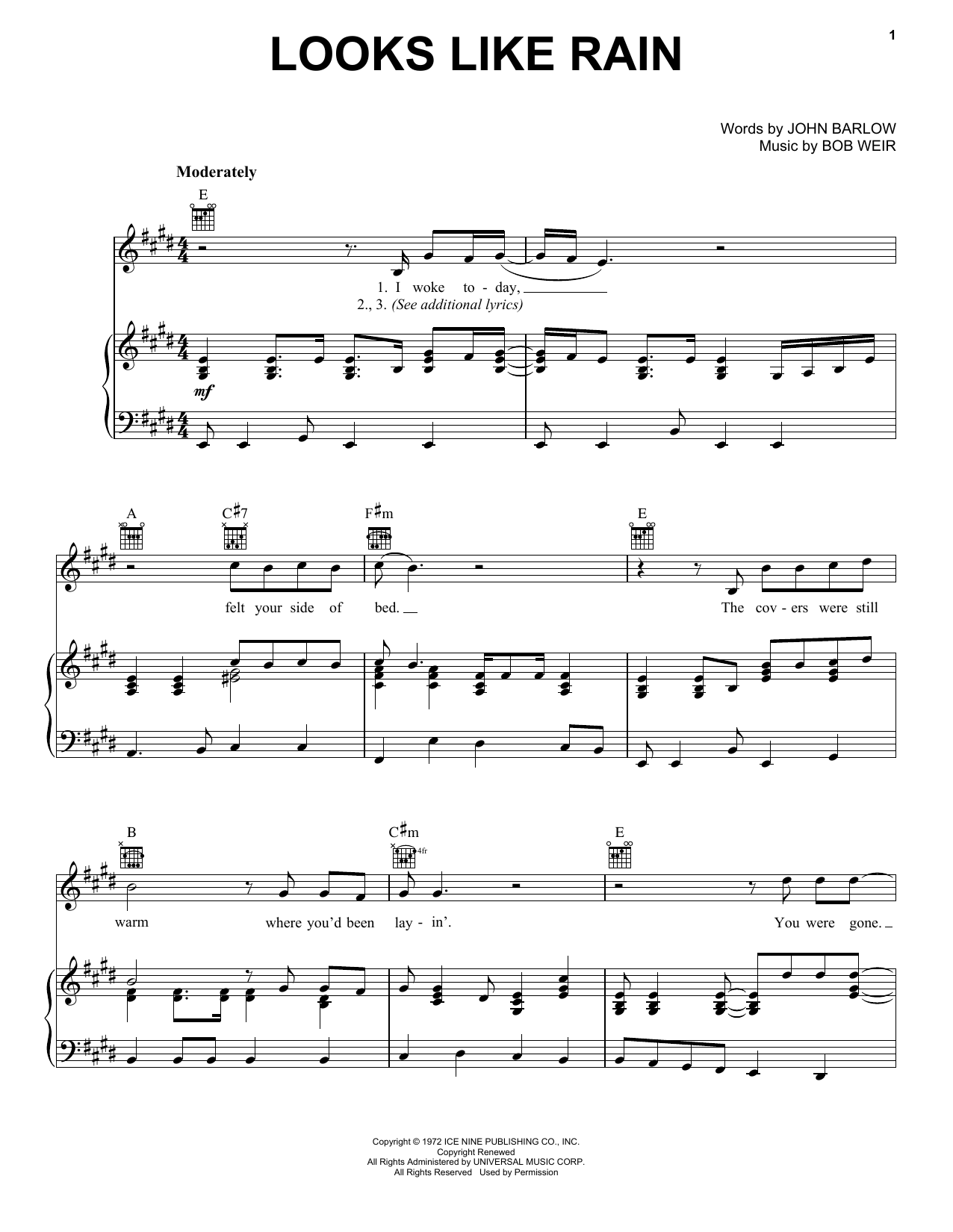 Grateful Dead Looks Like Rain sheet music notes and chords arranged for Piano, Vocal & Guitar Chords (Right-Hand Melody)