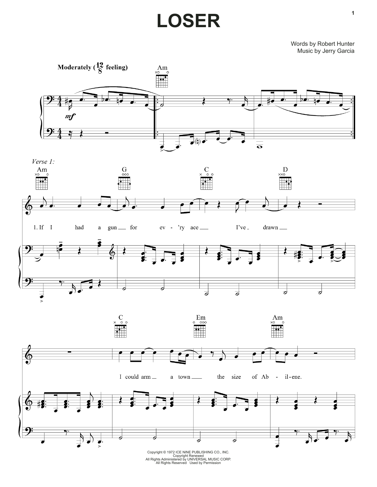 Grateful Dead Loser sheet music notes and chords arranged for Piano, Vocal & Guitar Chords (Right-Hand Melody)