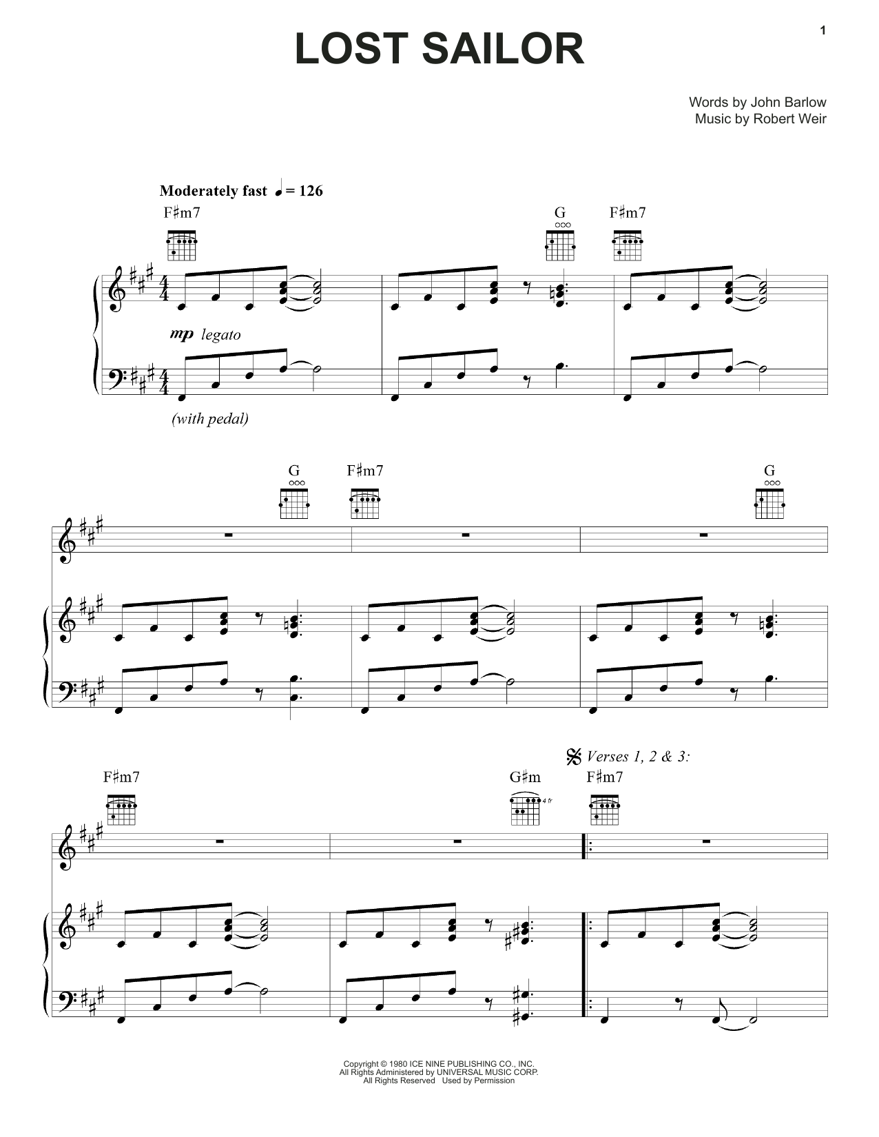 Grateful Dead Lost Sailor sheet music notes and chords arranged for Piano, Vocal & Guitar Chords (Right-Hand Melody)