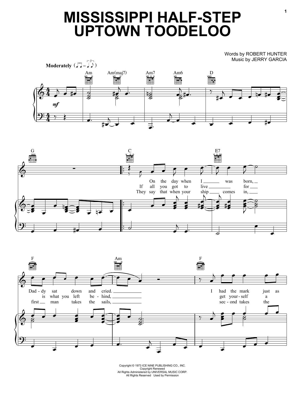 Grateful Dead Mississippi Half-Step Uptown Toodeloo sheet music notes and chords arranged for Piano, Vocal & Guitar Chords (Right-Hand Melody)