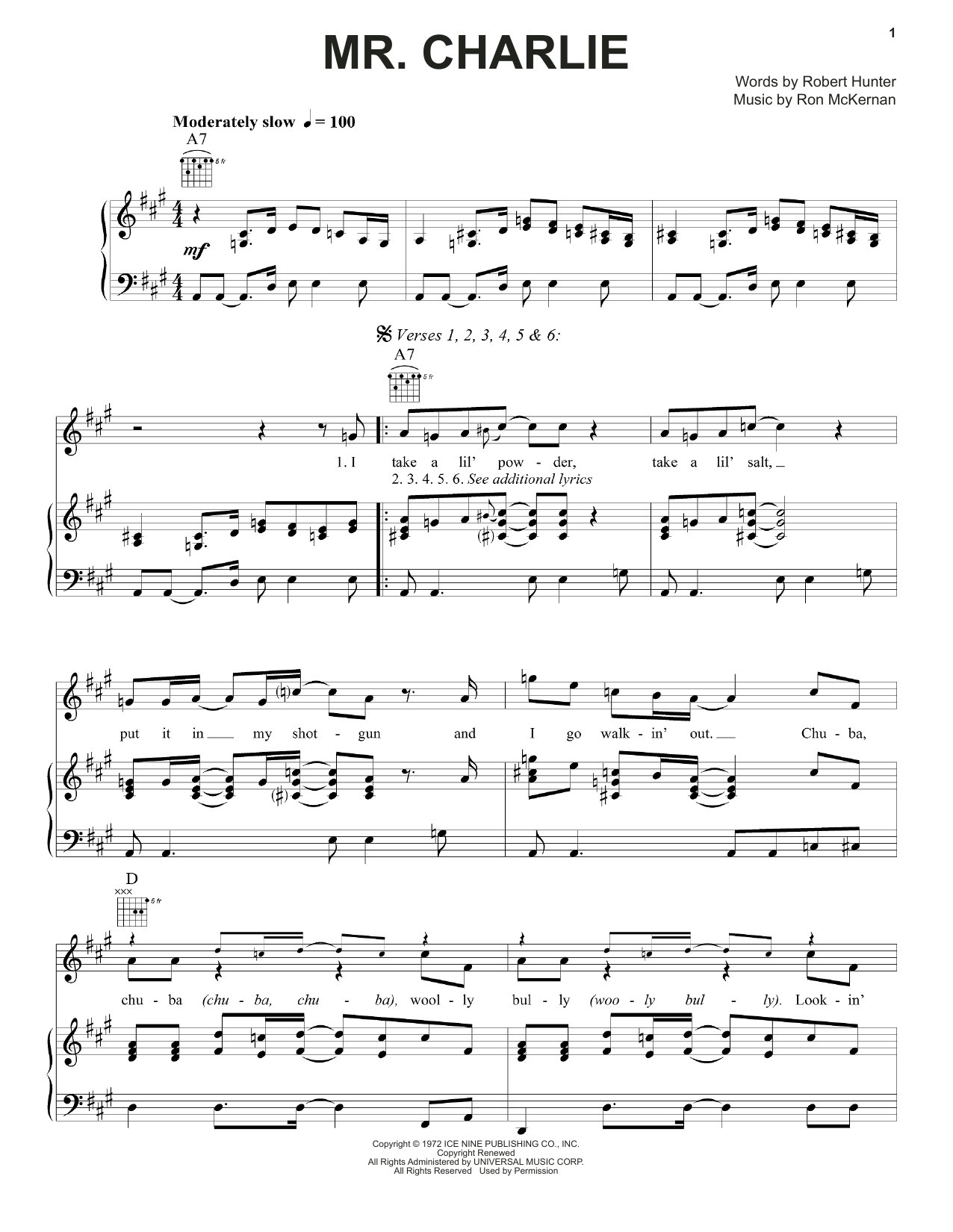 Grateful Dead Mr. Charlie sheet music notes and chords arranged for Piano, Vocal & Guitar Chords (Right-Hand Melody)