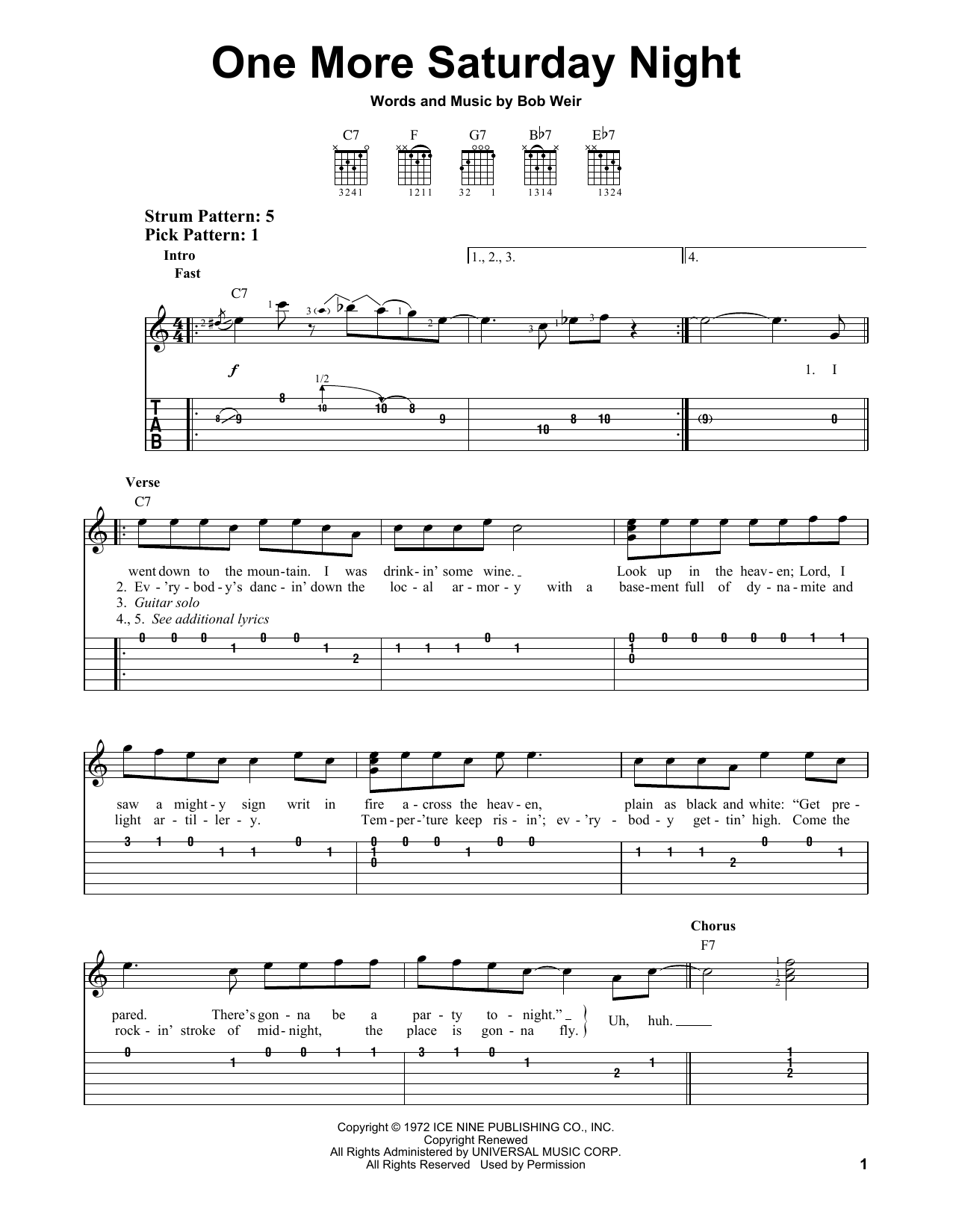 Grateful Dead One More Saturday Night sheet music notes and chords arranged for Piano, Vocal & Guitar Chords (Right-Hand Melody)