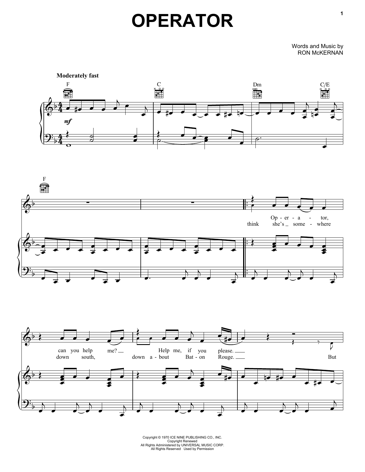 Grateful Dead Operator sheet music notes and chords arranged for Piano, Vocal & Guitar Chords (Right-Hand Melody)