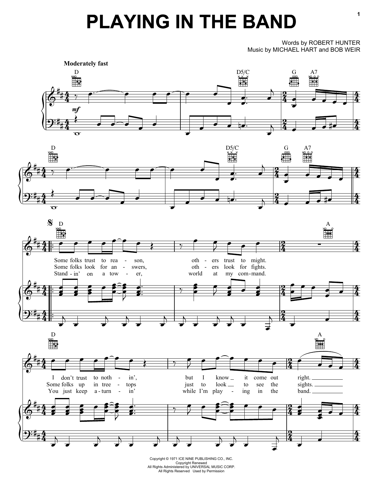 Grateful Dead Playing In The Band sheet music notes and chords arranged for Piano, Vocal & Guitar Chords (Right-Hand Melody)