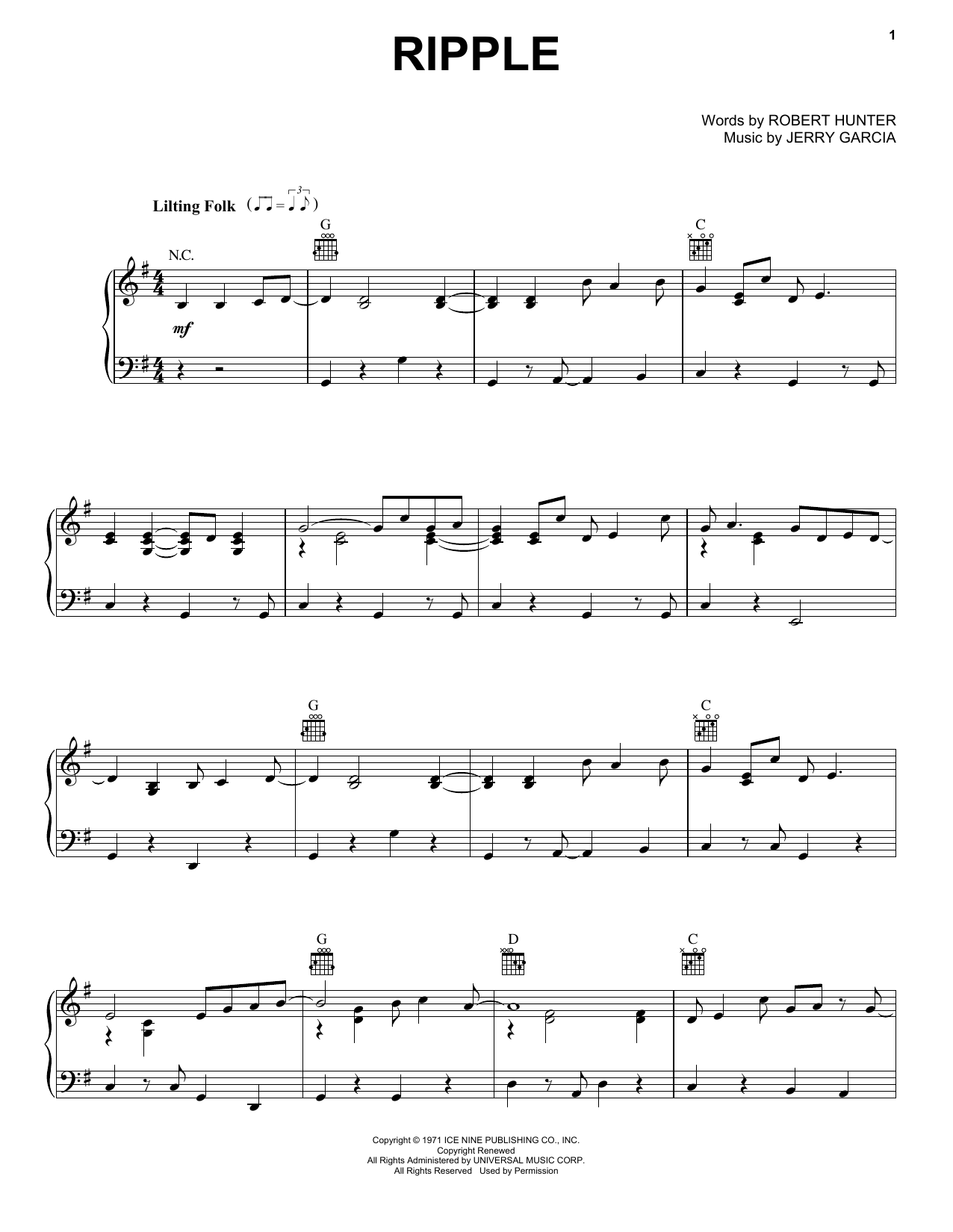 Grateful Dead Ripple sheet music notes and chords arranged for Easy Piano
