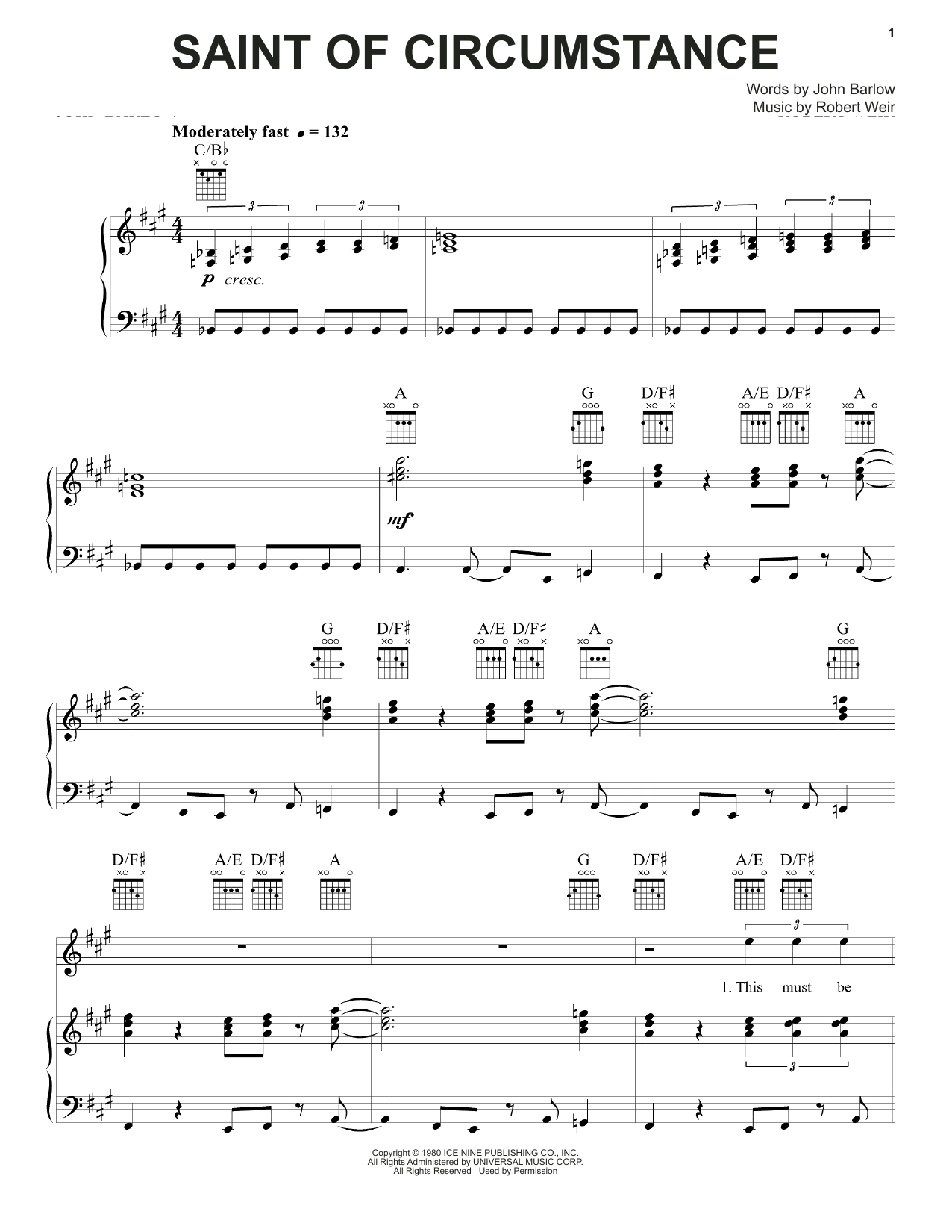 Grateful Dead Saint Of Circumstance sheet music notes and chords arranged for Piano, Vocal & Guitar Chords (Right-Hand Melody)