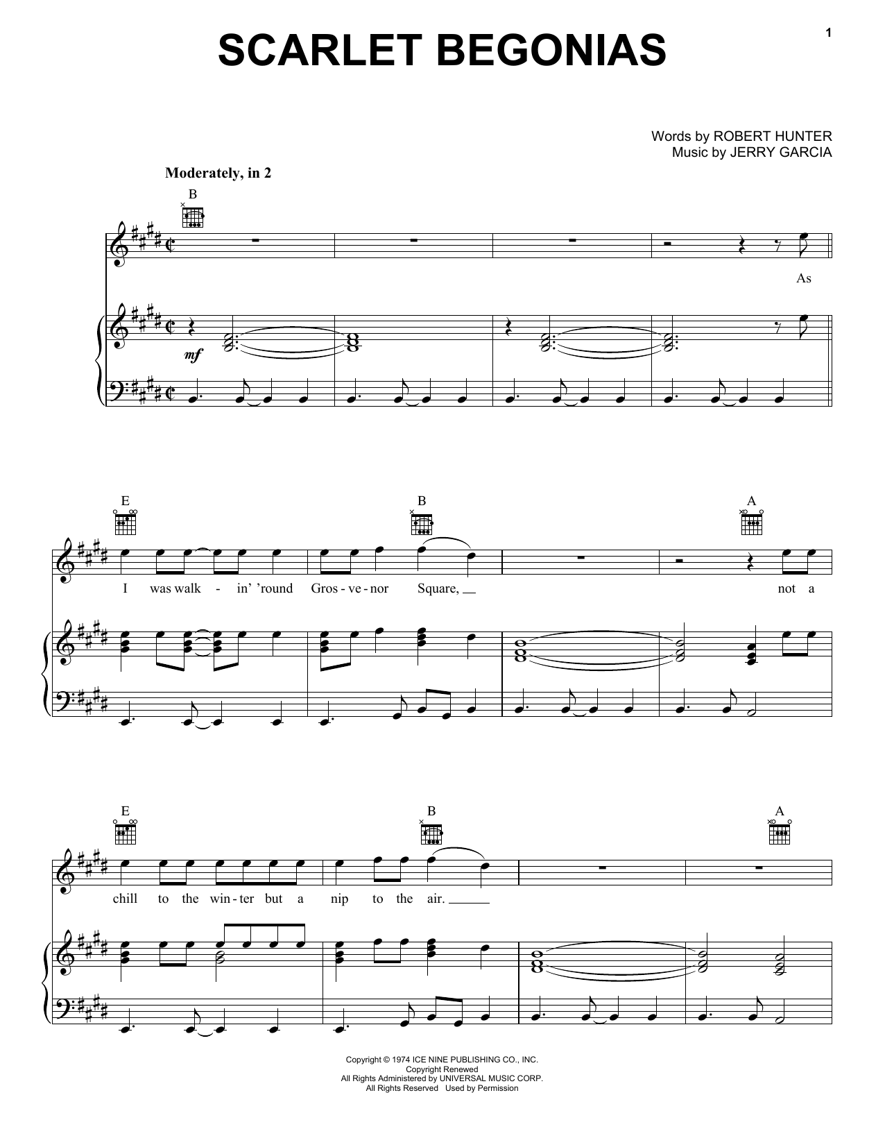 Grateful Dead Scarlet Begonias sheet music notes and chords arranged for Easy Piano