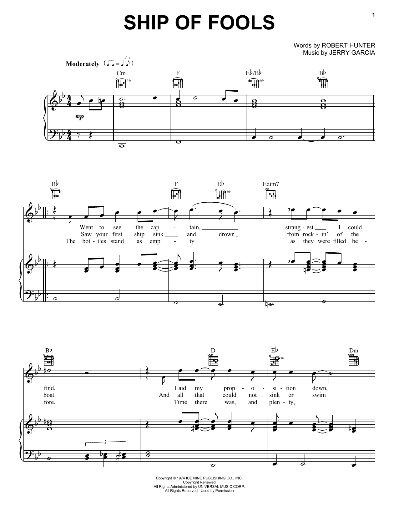 Grateful Dead Ship Of Fools sheet music notes and chords arranged for Piano, Vocal & Guitar Chords (Right-Hand Melody)