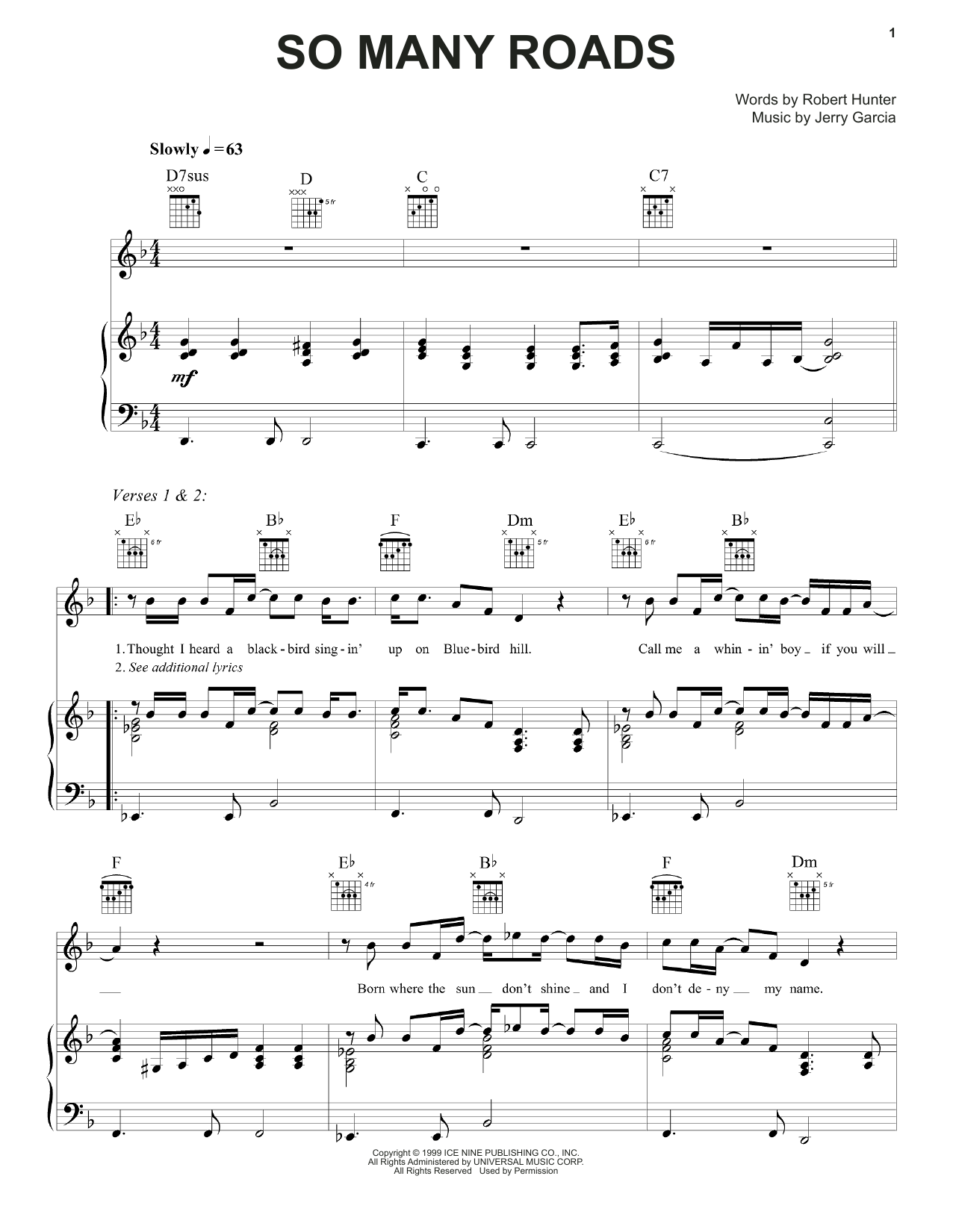 Grateful Dead So Many Roads sheet music notes and chords arranged for Piano, Vocal & Guitar Chords (Right-Hand Melody)
