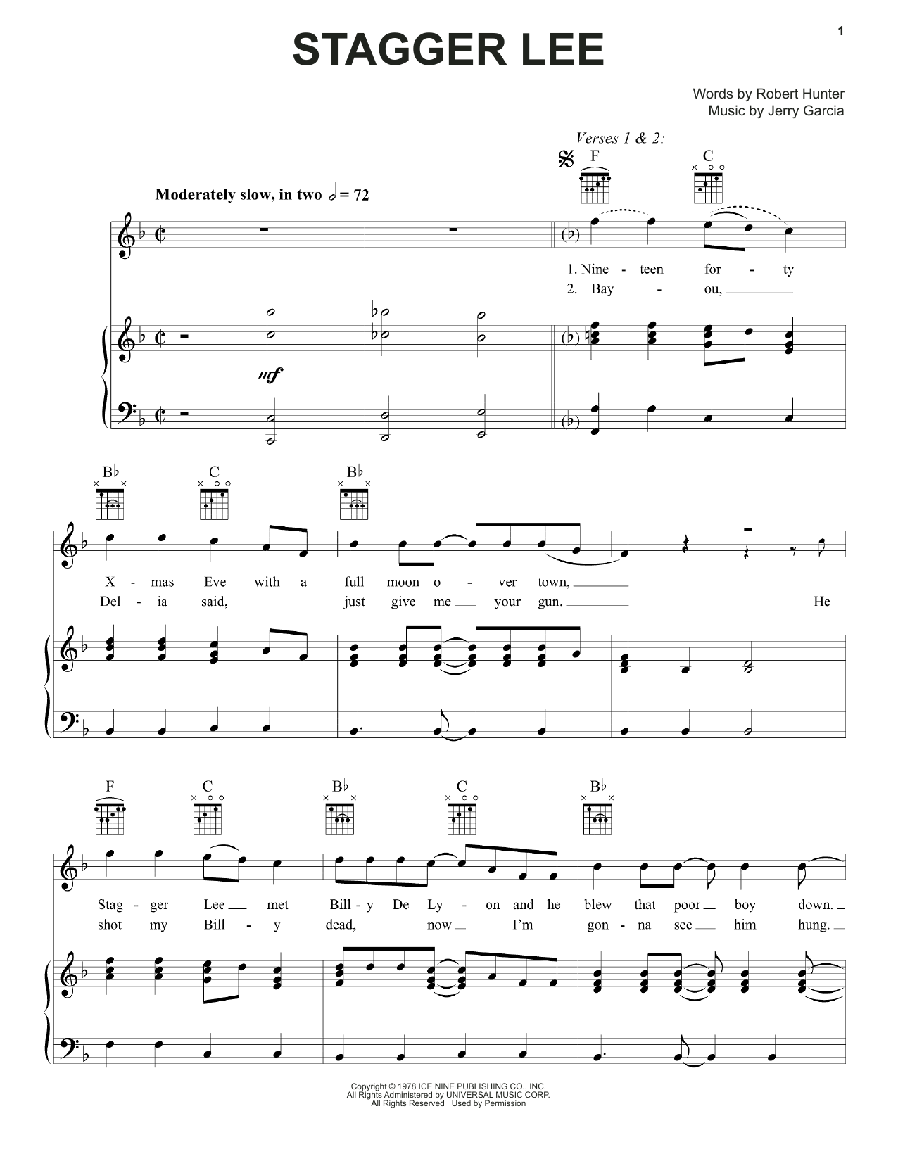 Grateful Dead Stagger Lee sheet music notes and chords arranged for Piano, Vocal & Guitar Chords (Right-Hand Melody)