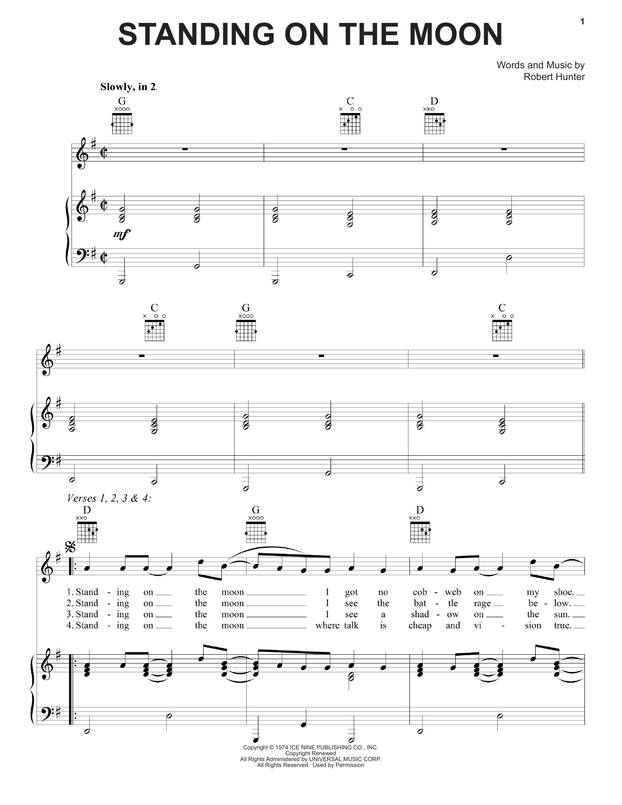 Grateful Dead Standing On The Moon sheet music notes and chords arranged for Piano, Vocal & Guitar Chords (Right-Hand Melody)