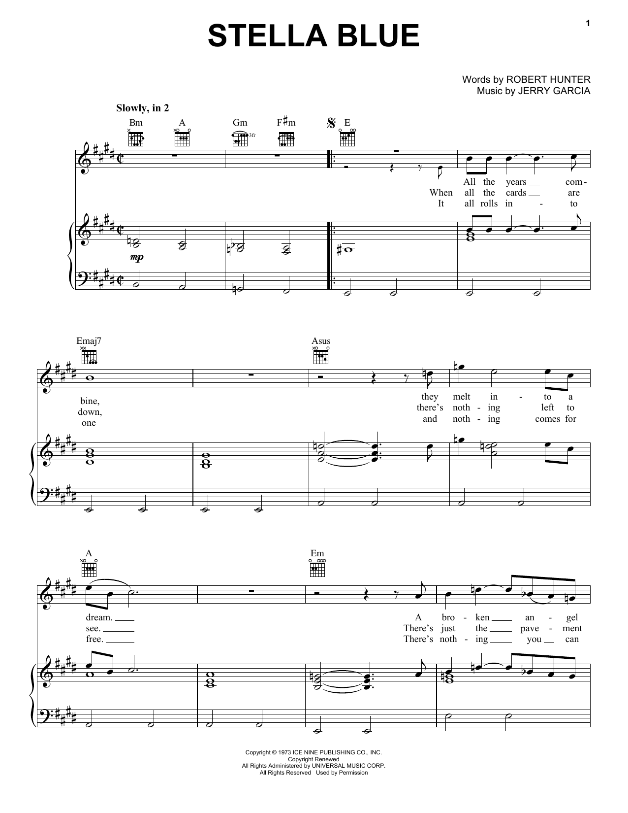 Grateful Dead Stella Blue sheet music notes and chords arranged for Piano, Vocal & Guitar Chords (Right-Hand Melody)