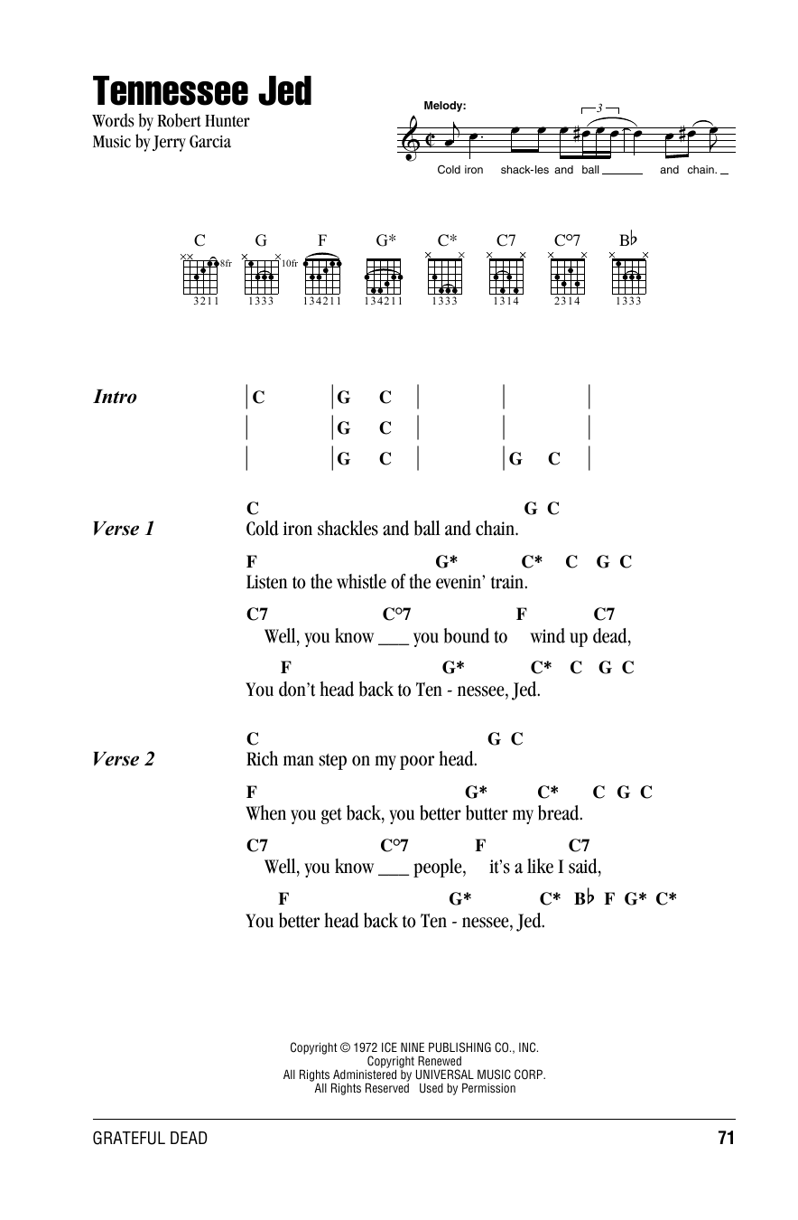 Grateful Dead Tennessee Jed sheet music notes and chords arranged for Guitar Chords/Lyrics