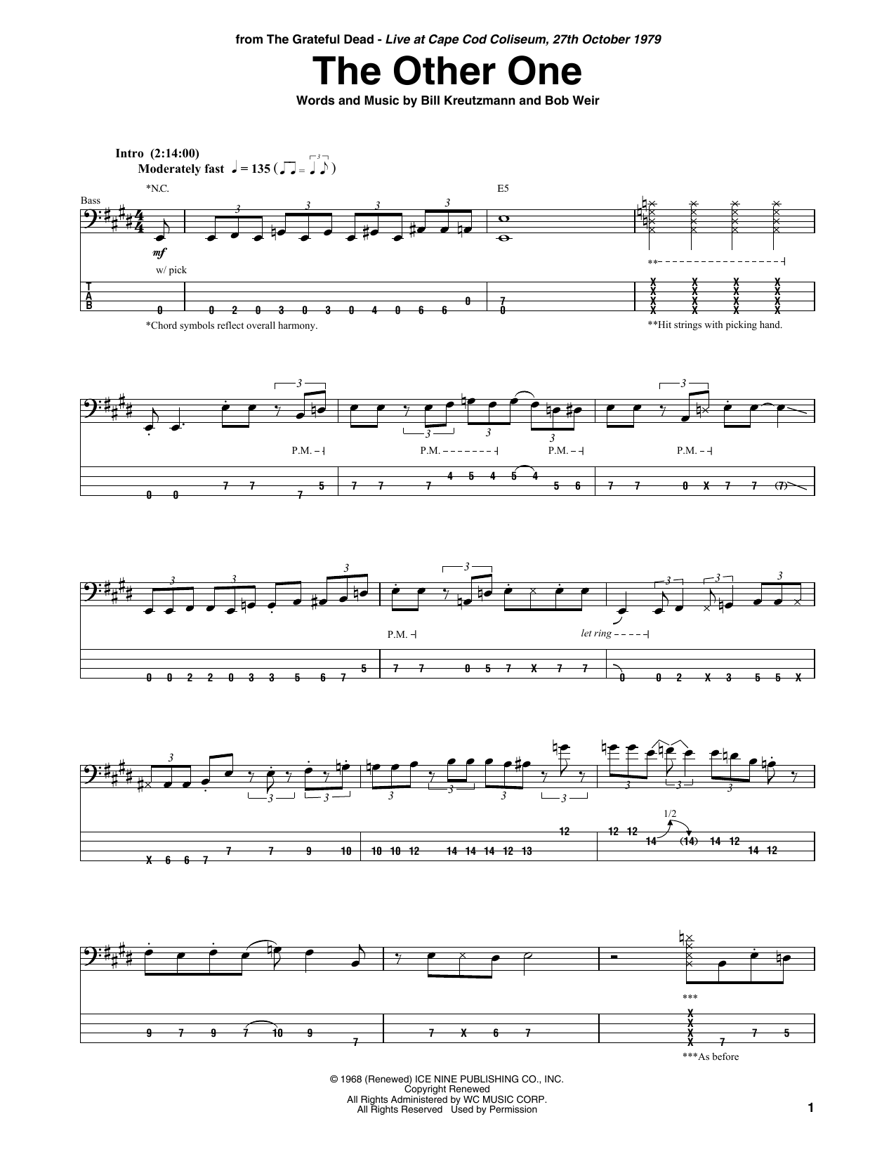 Grateful Dead The Other One sheet music notes and chords arranged for Bass Guitar Tab