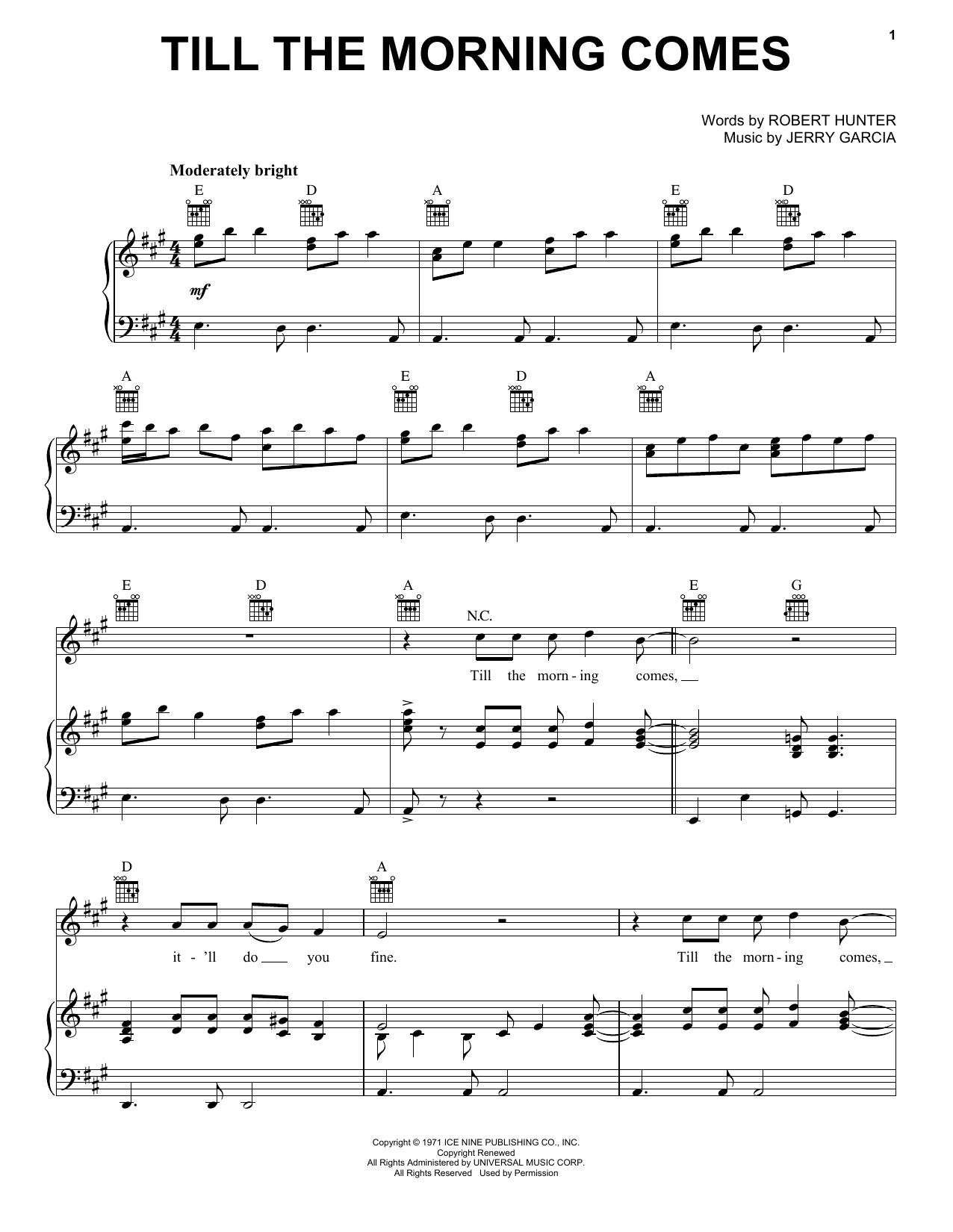 Grateful Dead Till The Morning Comes sheet music notes and chords arranged for Piano, Vocal & Guitar Chords (Right-Hand Melody)