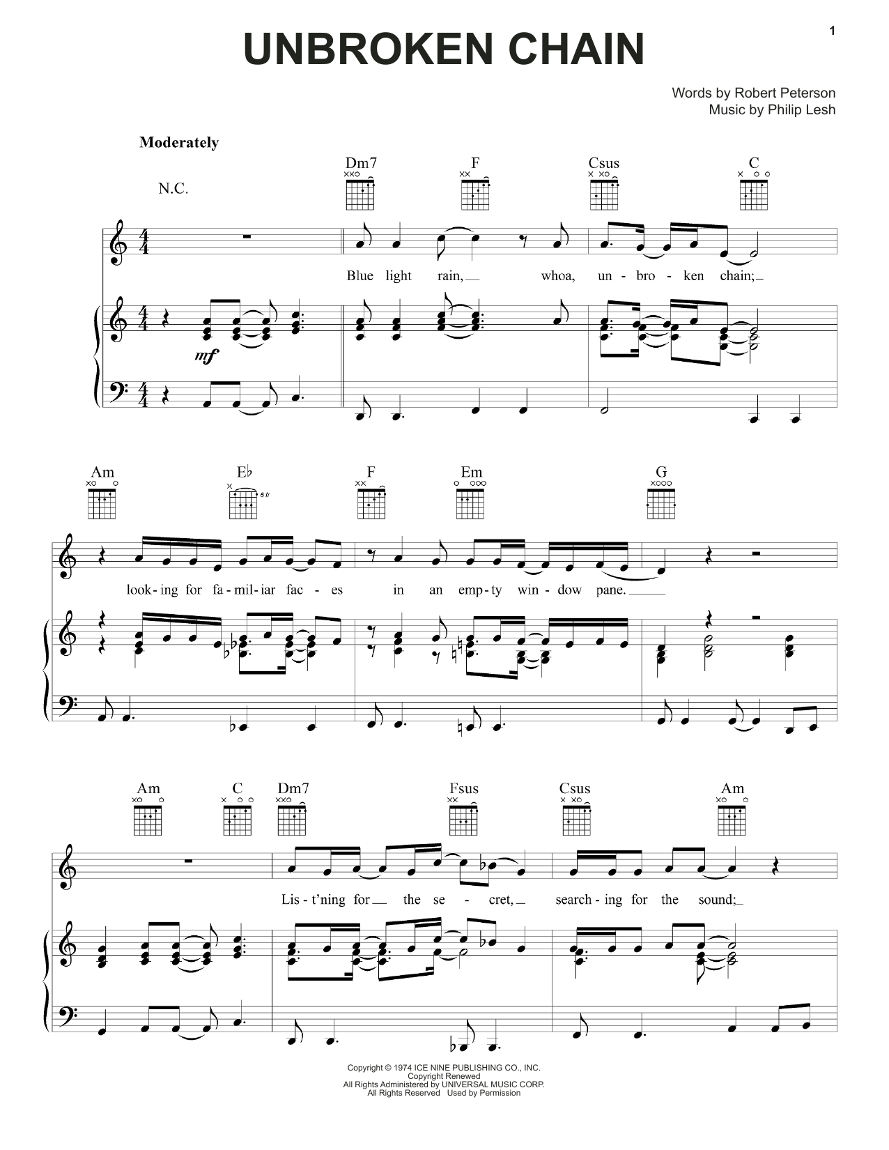 Grateful Dead Unbroken Chain sheet music notes and chords arranged for Piano, Vocal & Guitar Chords (Right-Hand Melody)