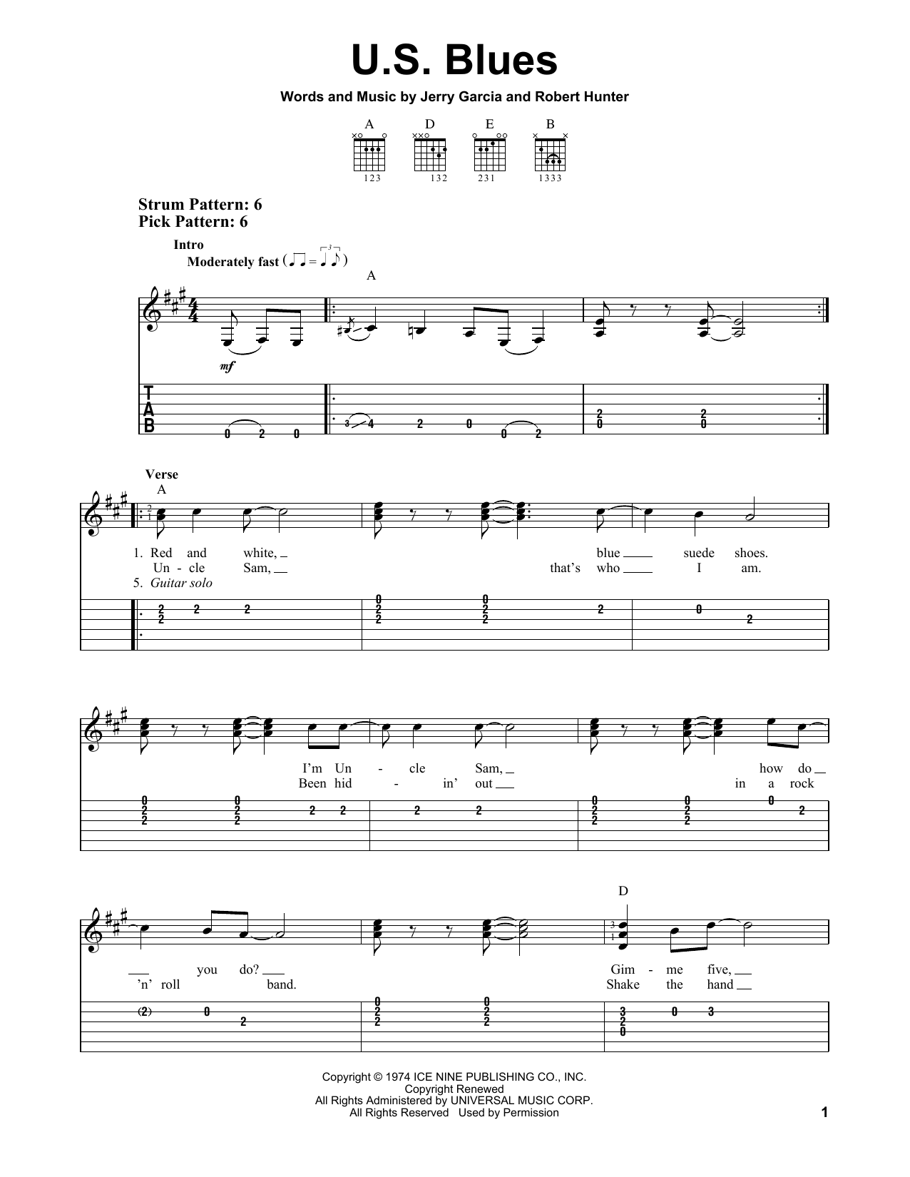Grateful Dead U.S. Blues sheet music notes and chords arranged for Easy Guitar Tab