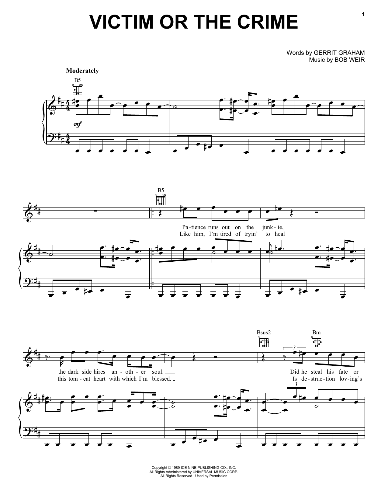 Grateful Dead Victim Or The Crime sheet music notes and chords arranged for Piano, Vocal & Guitar Chords (Right-Hand Melody)