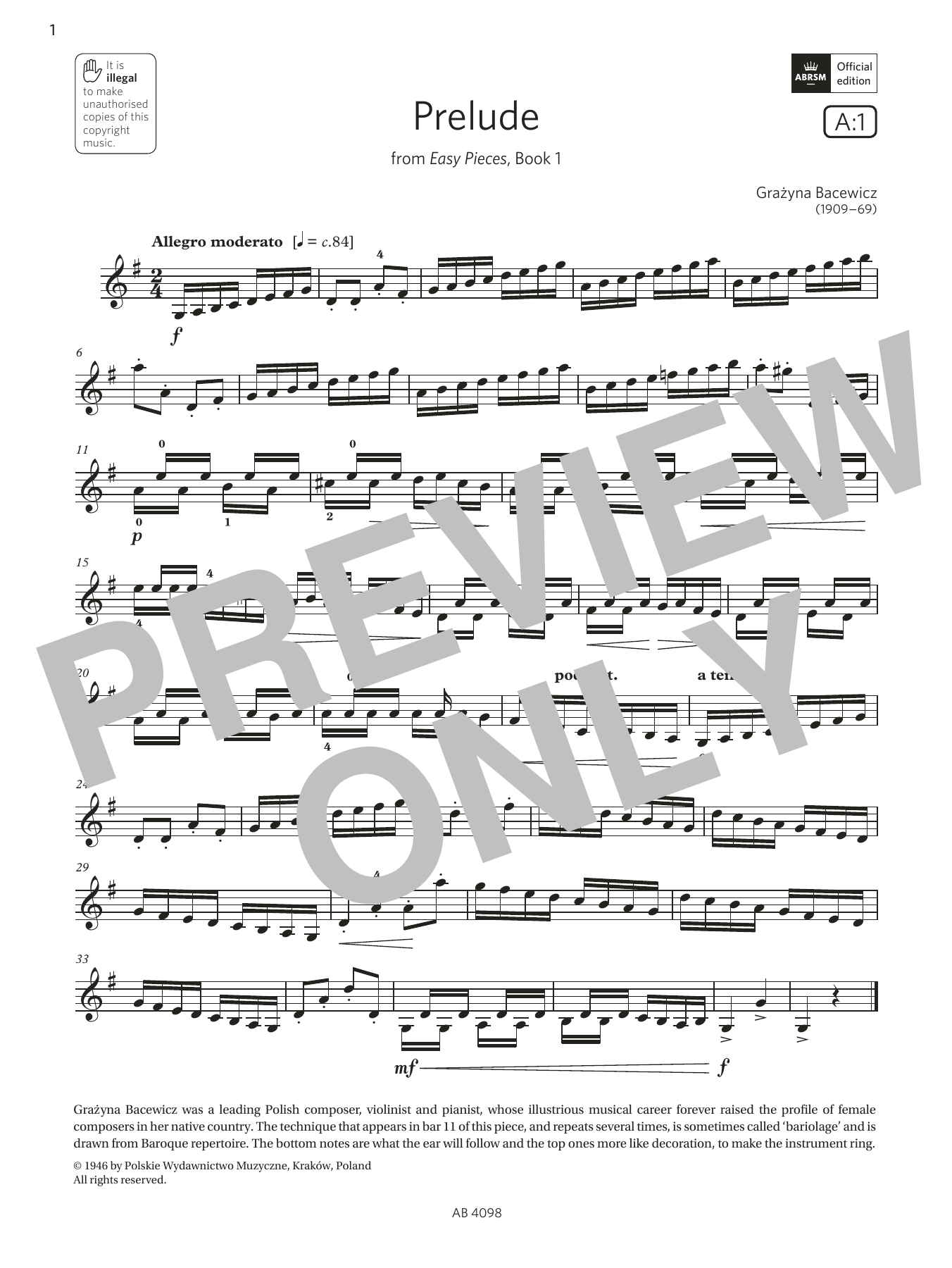 Grażyna Bacewicz Prelude (Grade 4, A1, from the ABRSM Violin Syllabus from 2024) sheet music notes and chords arranged for Violin Solo