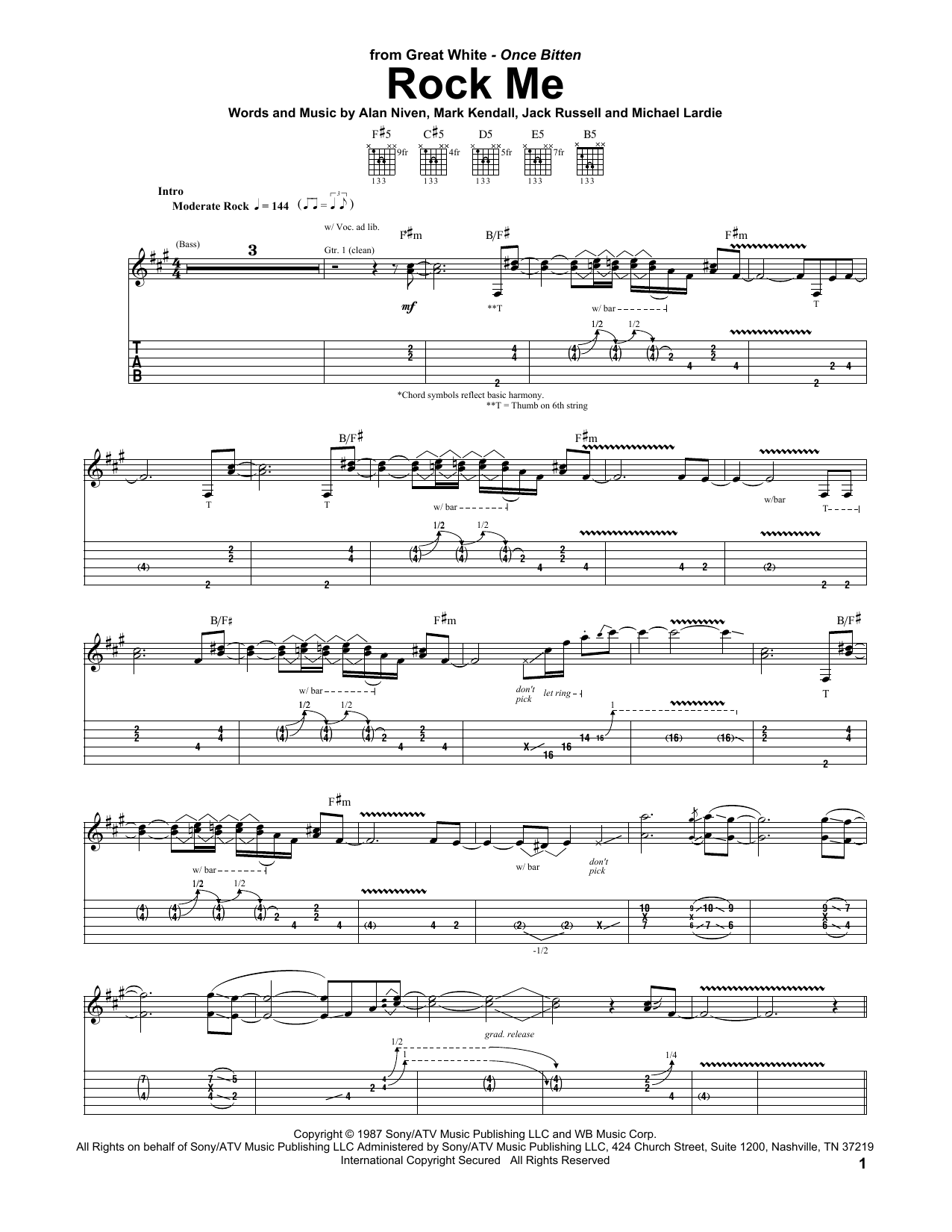 Great White Rock Me sheet music notes and chords arranged for Bass Guitar Tab