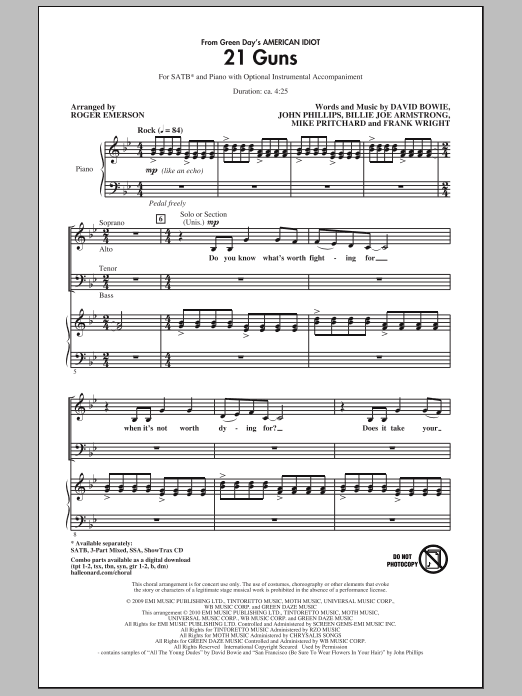 Green Day 21 Guns (from Green Day's American Idiot) (arr. Roger Emerson) sheet music notes and chords arranged for SATB Choir