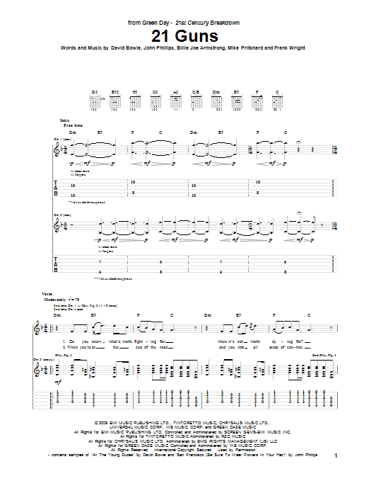 Green Day 21 Guns sheet music notes and chords arranged for Guitar Ensemble