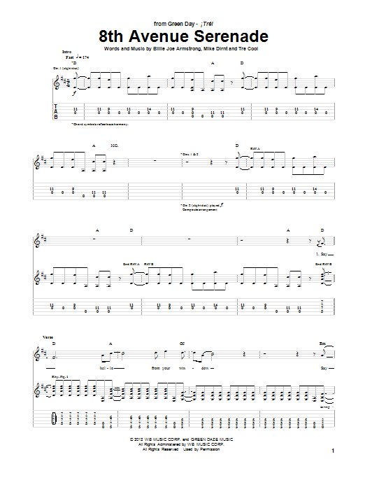 Green Day 8th Avenue Serenade sheet music notes and chords arranged for Guitar Tab