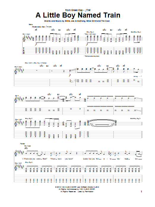 Green Day A Little Boy Named Train sheet music notes and chords arranged for Guitar Tab