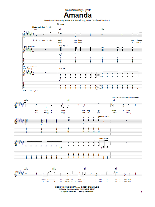 Green Day Amanda sheet music notes and chords arranged for Guitar Tab