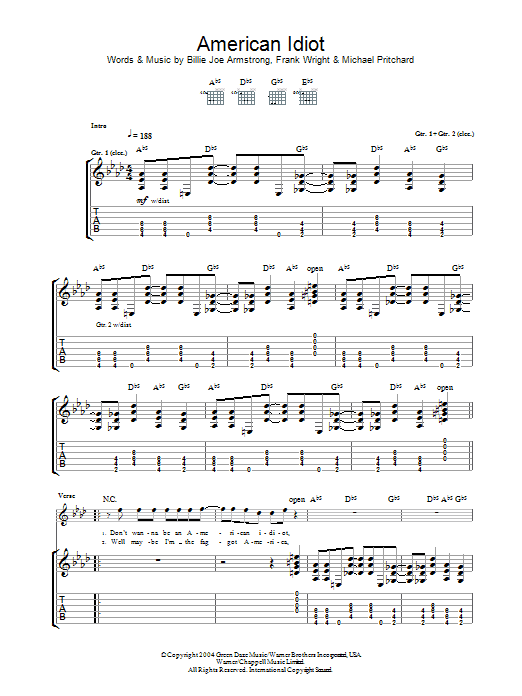 Green Day American Idiot sheet music notes and chords arranged for Piano, Vocal & Guitar Chords (Right-Hand Melody)