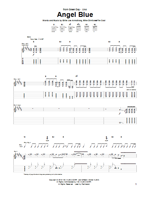 Green Day Angel Blue sheet music notes and chords arranged for Guitar Tab