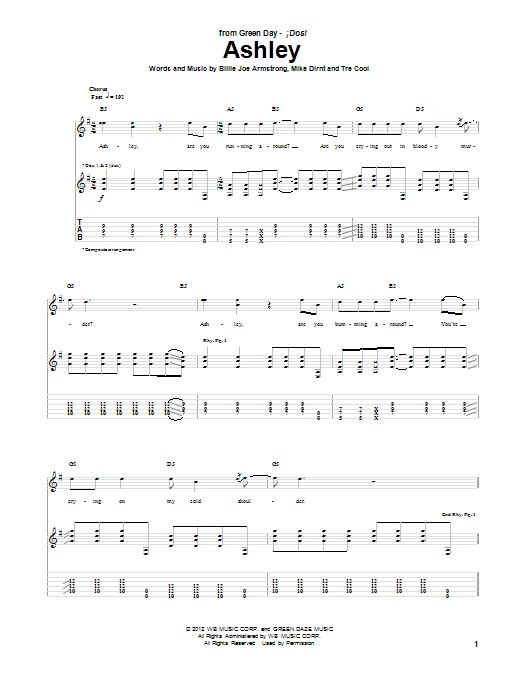 Green Day Ashley sheet music notes and chords arranged for Guitar Tab