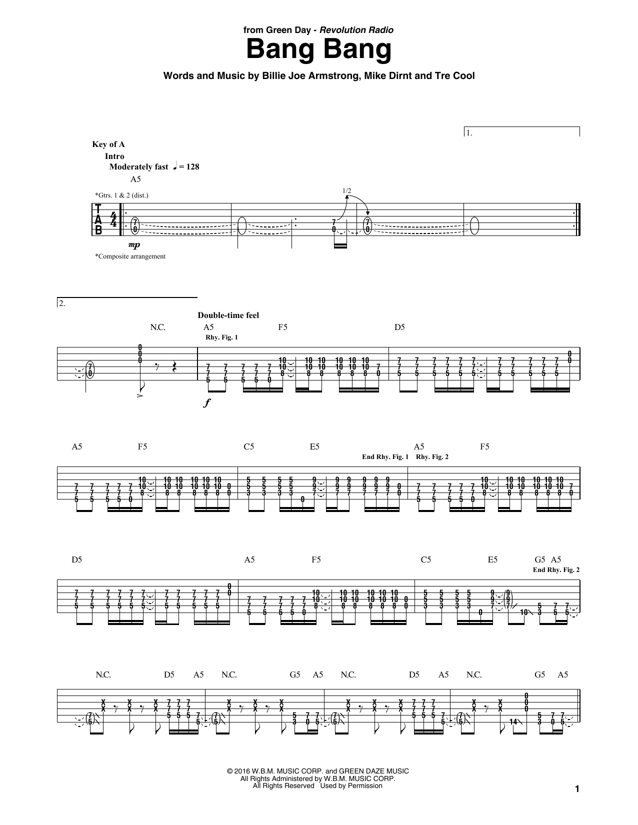 Green Day Bang Bang sheet music notes and chords arranged for Guitar Rhythm Tab