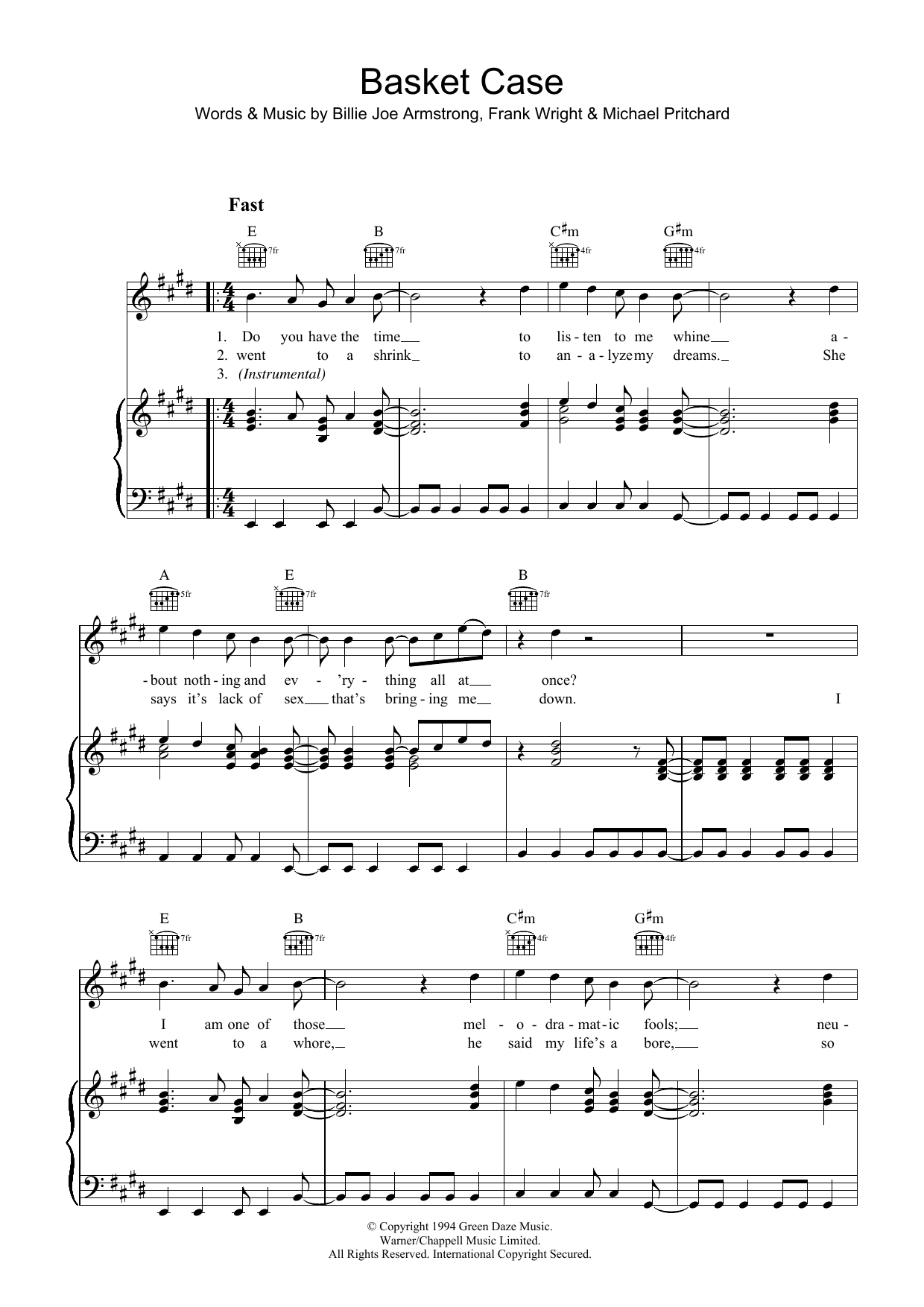 Green Day Basket Case sheet music notes and chords arranged for Piano, Vocal & Guitar Chords (Right-Hand Melody)