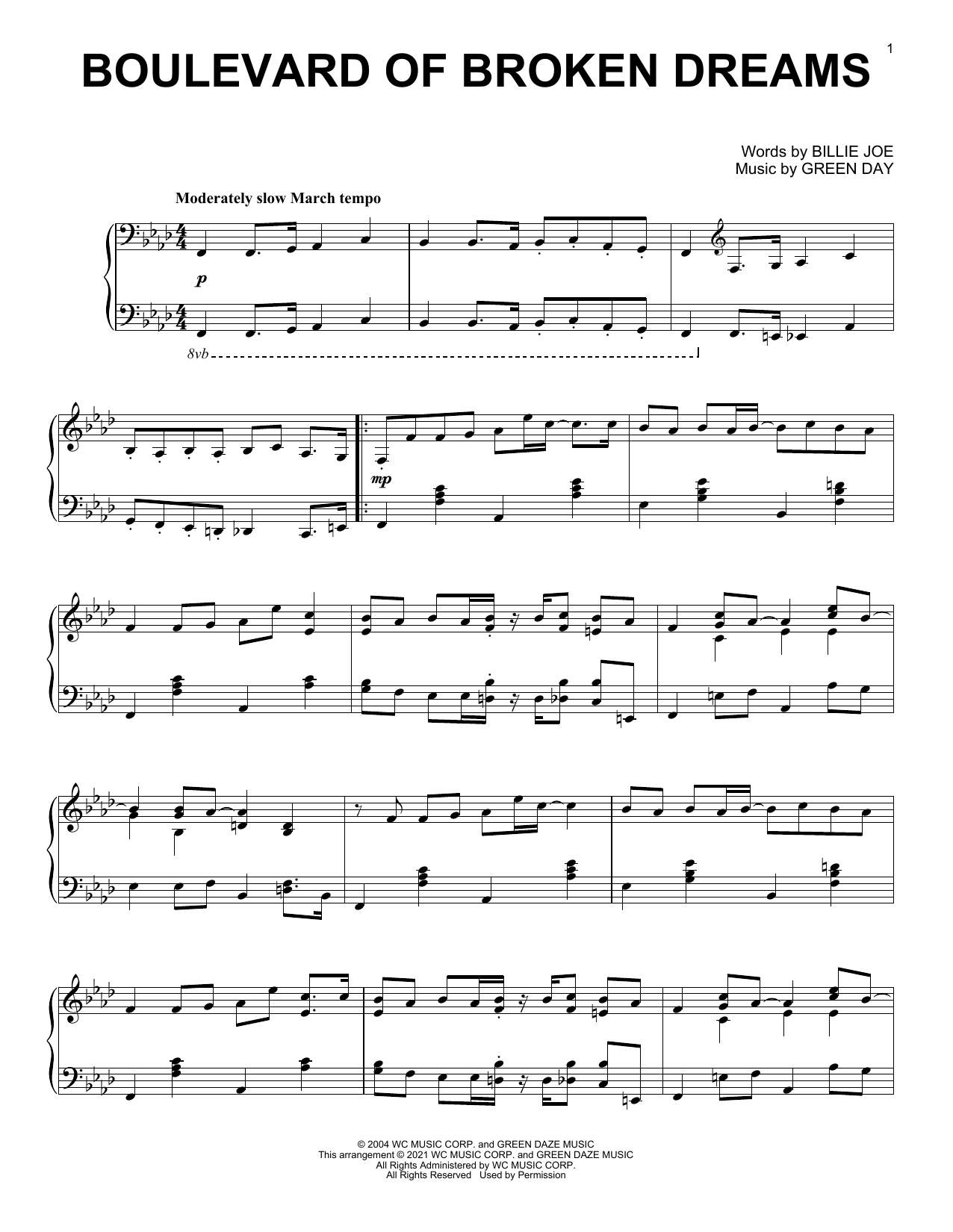 Green Day Boulevard Of Broken Dreams [Classical version] sheet music notes and chords arranged for Piano Solo