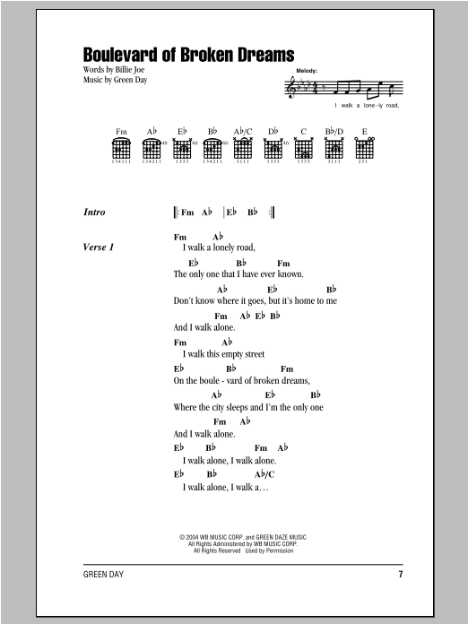 Green Day Boulevard Of Broken Dreams sheet music notes and chords arranged for Piano Solo