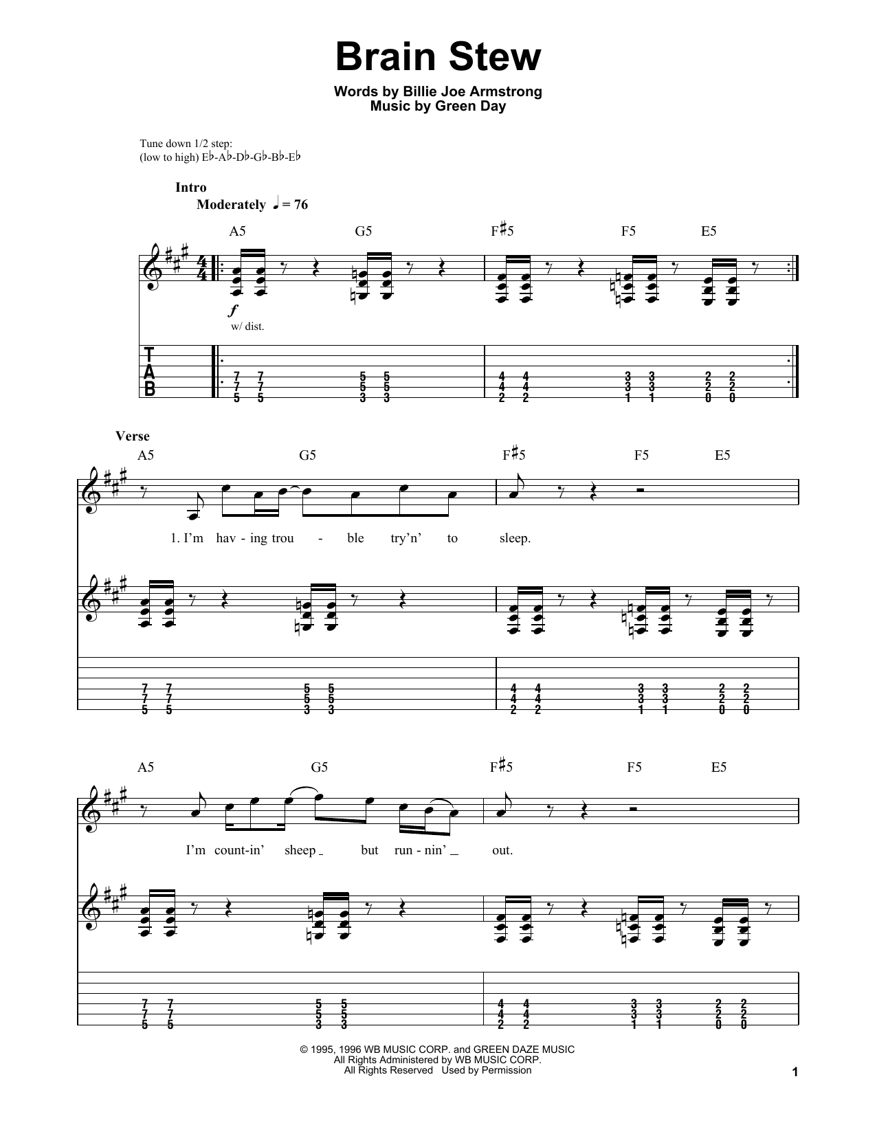Green Day Brain Stew sheet music notes and chords arranged for Guitar Lead Sheet