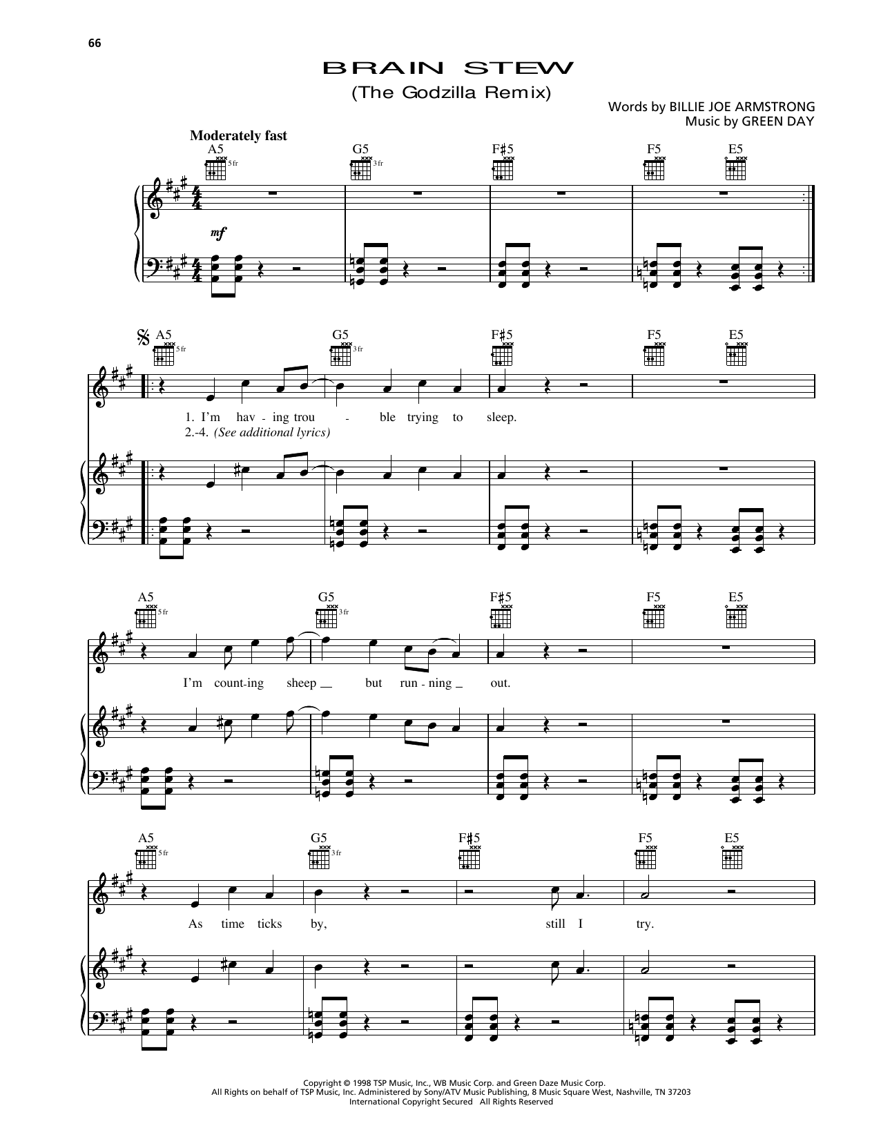Green Day Brain Stew (The Godzilla Remix) (from Godzilla) sheet music notes and chords arranged for Piano, Vocal & Guitar Chords (Right-Hand Melody)
