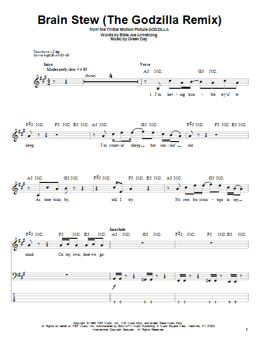 Green Day Brain Stew (The Godzilla Remix) sheet music notes and chords arranged for Bass Guitar Tab